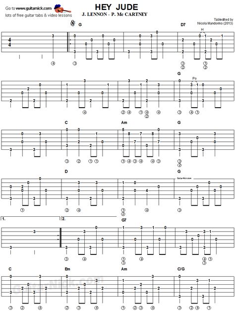 HEY JUDE: Fingerpicking Guitar Tablature 1 Guitar Fingerpicking, Fingerpicking Guitar, Ukulele Fingerpicking, Guitar Tabs And Chords, Guitar Tablature, Guitar Tabs For Beginners, Guitar Strumming, Music Theory Guitar, Easy Guitar Songs