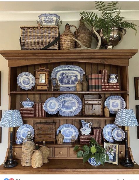 Top Of Built Ins Decor, Decorating Top Of Hutch, White Hutch, Hutch Styling, Hutch Decor, Decorating Bookshelves, Bookcase Styling, Nancy Meyers, Bookcase Decor