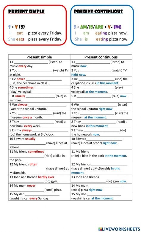 Simple Present Continuous Worksheets, Present Simple Vs Continuous Worksheets, Present Simple And Continuous Worksheet, Simple Present And Present Continuous, Present Simple Vs Present Continuous, Present Simple Present Continuous, Present Continuous Worksheet, English Grammar Exercises, English Grammar For Kids