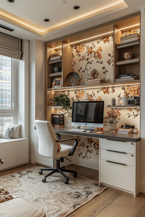 small home office, home office ideas, home office inspiration Small Office At Home Ideas, Small Office Space In Kitchen, Work From Home Office For Two, Small Office Spaces At Home, Office Gamer Room, Office With Storage Ideas, Work From Home Space Ideas, Work Room Interior, Pocket Office Ideas