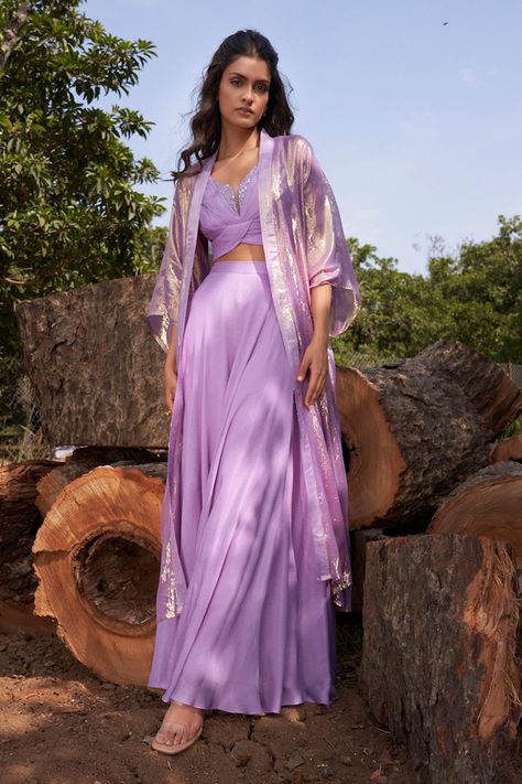 Shop for Parshya Purple Blouse Shimmer Finish Cape Flared Pant Set for Women Online at Aza Fashions Silk Front Open Sets With Dupatta, Front Open Silk Set With Dupatta, Designer Sets With Set-in Sleeves And Traditional Drape, Aza Fashion Outfits 2023, Dresses Details, Twisted Top, Indian Outfits Lehenga, Traditional Indian Dress, Cape Jacket