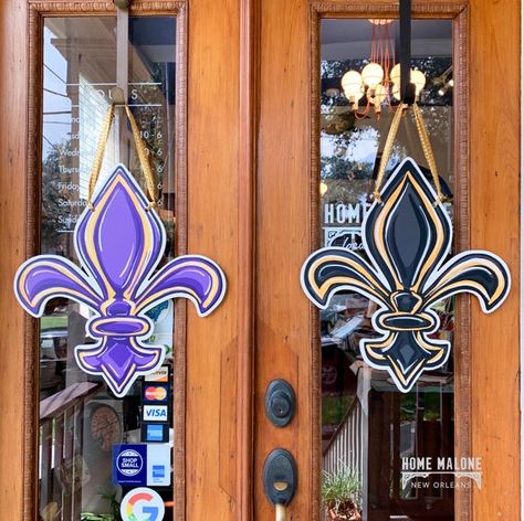 Double Door Entryway, Magnolia Decor, Lsu Game, New Orleans Art, Gold Door, Painted Items, Spirit Gifts, Hanger Home, Wood Door