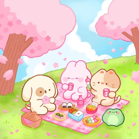 Cute Picnic Drawing, Hanami Picnic, Kawaii Picnic, Picnic Drawing, Kawaii Coloring Book, Cherry Blossom Flower, Cute Food Drawings, Cute Kawaii Drawings, Kawaii Doodles