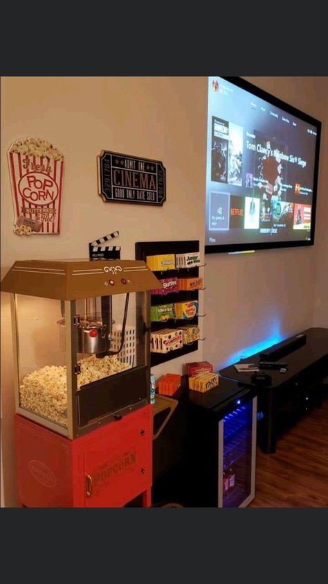 Theater Room Decor, Movie Theater Rooms, Hangout Room, Movie Room Decor, Home Cinema Room, Home Theater Decor, At Home Movie Theater, Popcorn Machine, Home Theater Rooms