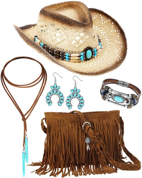 PRICES MAY VARY. Quality Materials: our accessories are made from quality materials; The turquoise jewelry for woman uses an alloy as a base and is beautifully adorned with turquoise; The hat is made from straw, ensuring a comfortable cowboy look; Finally, the tassel bag is made of soft suede with polyester, suitable for your outfits Nice Design: all items in the package of our Boho jewelry set harmonized in a classic color, giving a sophisticated appeal; The classic color enhances the aesthetic Cowgirl Clothes Western, Western Gifts For Women, Cowgirl Look Western, Western Style Jewelry, Womens Cowboy Hats, Women’s Western Wear, Cowboy Theme Party Outfit Women, Western Attire For Women, Cowgirl Theme Party Outfit