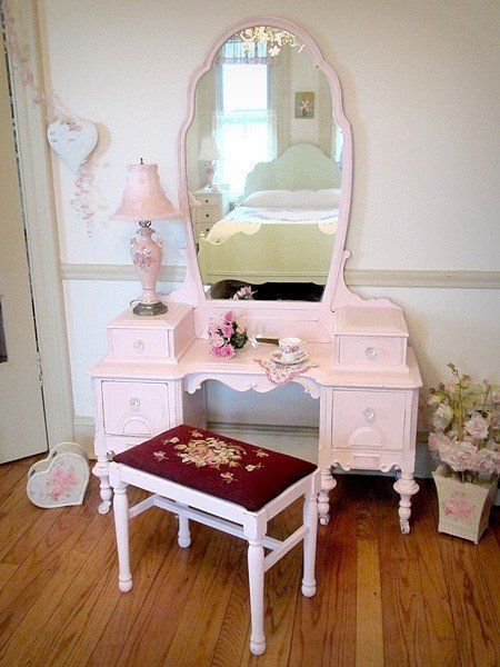 Vanity Flip, Refinished Vanity, Decoupaged Furniture, Rooms Decoration, Shabby Chic Decorating, Girls Vanity, Shabby Chic Vanity, Vanity With Mirror, Vanity Makeover