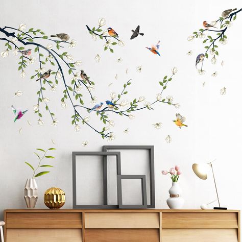 PRICES MAY VARY. 【Fresh Design】The magnolia branches wall decals give people a fresh and elegant low-key mystery, create a natural atmosphere of vitality, make the home air more romantic, and make the space warm and sweet.The package comes with 4 sheets of magnolia branches wall stickers, The size of each sheet of watercolor blue flower branch wall sticker is approx:30 x 57 cm/ 11.8 x 22.4 inches. 【Premium Material】 Made of quality self-adhesive PVC with high-resolution colorful printing, enviro Tiles Furniture, Decorate Bedroom, Tree Branch Wall, Magnolia Branch, Tv In Bathroom, Diy Wall Art Decor, Flower Wall Stickers, Tv Background, Wall Stickers Living Room