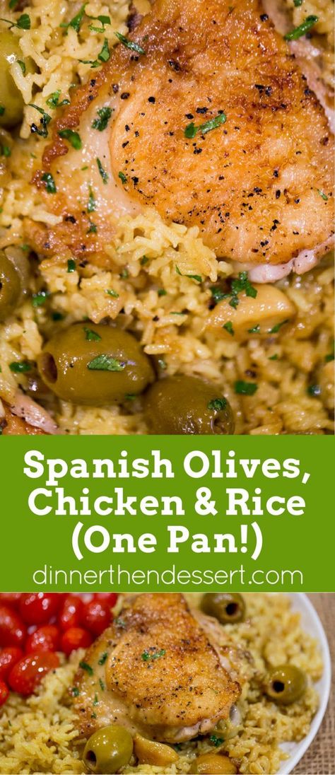 Spanish Olives Chicken and Rice made in a single cast iron skillet is a gorgeous meal made easy with delicious Spanish queen green olives, caramelized onions, garlic and saffron rice. #ad @OlivesSpain Mediterranean Plates, Sheet Meals, Spanish Queen, Spanish Olives, Saffron Rice, Olive Recipes, One Pan Dinner, Spanish Dishes, Cast Iron Recipes