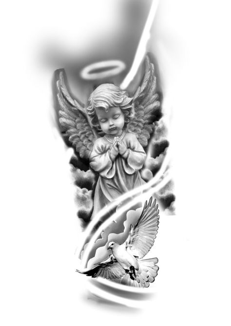 Angel Tattoo With Clouds, Tattoo With Clouds, Angle Tattoo For Men, Angel Sleeve Tattoo, Christus Tattoo, Guardian Angel Tattoo Designs, Angle Tattoo, Memorial Tattoo Ideas, Memorial Tattoo Designs