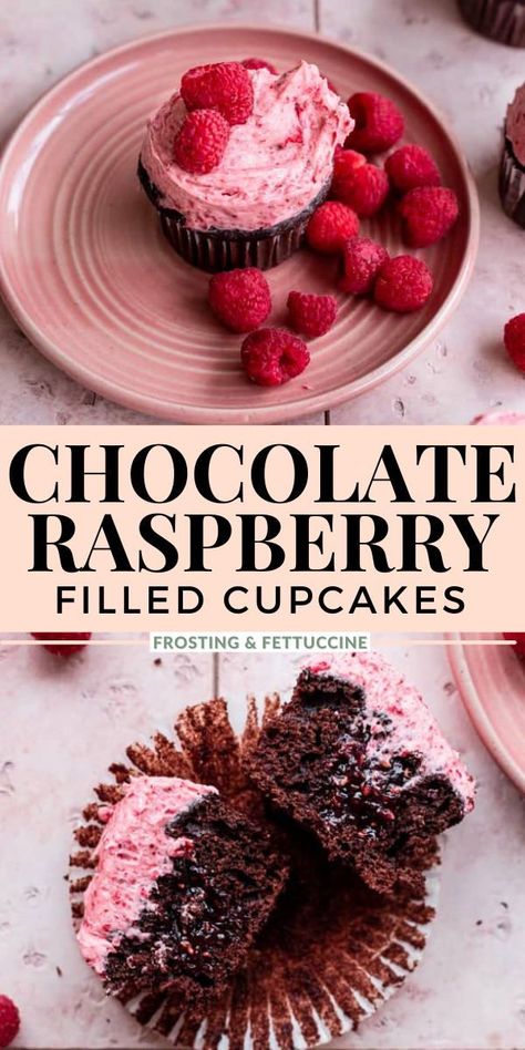 Chocolate Filled Raspberries, Choc Raspberry Cupcakes, Chocolate And Raspberry Cupcakes, Raspberry Cupcakes Filling, Chocolate Raspberry Filling, Chocolate Cupcakes With Raspberry Filling, Center Filled Cupcakes, Black Raspberry Desserts, Raspberry Cupcake Filling