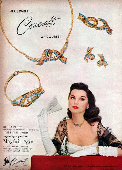 1953 CoroCraft in Vogue Debra Paget, Jewellery Advertising, Jewelry Ad, Costume Jewelery, Coro Jewelry, Vintage Rhinestone Brooch, Jewelry Ads, Mid Century Jewelry, Old Jewelry