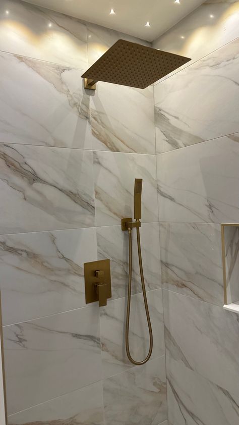 This new and contemporary shower head set is a gorgeous staple piece for a bathroom! Comes in different colors and sizes but this gold color is gorgeous! Check out my link and follow for more inspo! #sponsored #affiliatelink #bathroom #bathroomideas #bathroomremodel #showerdesign #showerrenovation #remodel Mist Shower Head, Gold Waterfall Shower Head, Recessed Shower Head, Bathroom Shower Head Ideas, Shower Head Ideas, Gold Shower Fixtures, Gold Shower Head, Shower Head Placement, Bronze Shower Head