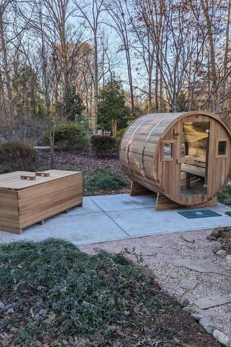 This South Carolina setup with the Panorama Barrel Sauna and the Pacific cold plunge is amazing! Thanks for sharing your backyard oasis with us! Backyard Cold Plunge, Sauna And Cold Plunge, Spa Oasis, Cold Plunge, Barrel Sauna, Solana Beach, Ice Baths, Thanks For Sharing, St Andrews