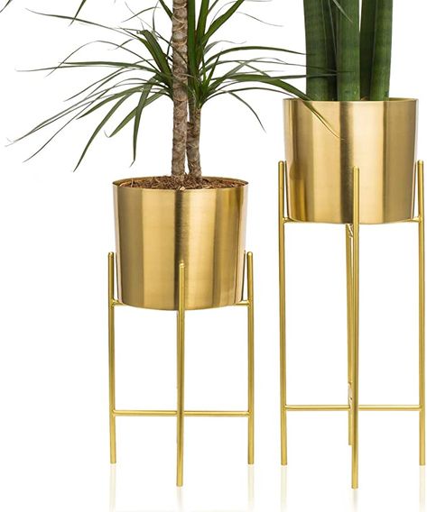 Gold Flower Pot, Mid Century Living Room Decor, Large Cactus, Tall Indoor Plants, Gold Planter, Tattoo Plant, Living Space Decor, Large Plant Pots, Metal Plant Stand