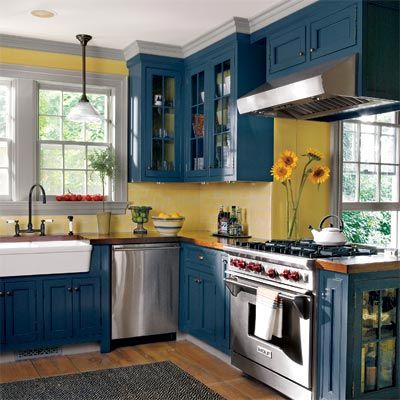 Editors' Picks: Our Favorite Cottage Kitchens - This Old House Seeded Glass Cabinet Doors, Kitchen Color Yellow, Citrus Kitchen, Butcher Blocks, Designing Ideas, Painting Kitchen, Cottage Kitchens, Blue Cabinets, Yellow Kitchen