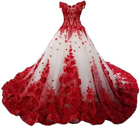 Wedding Dress Red Accent, Wedding Dresses Plus Size Red, Red And White Princess Dress, Wedding Dresses With Red Roses, Red And White Wedding Dress Lace, Wedding Dress With Roses On It, Wedding Dresses In Color, Queen Of Hearts Wedding Dress, Wedding Dresses With Red Accents