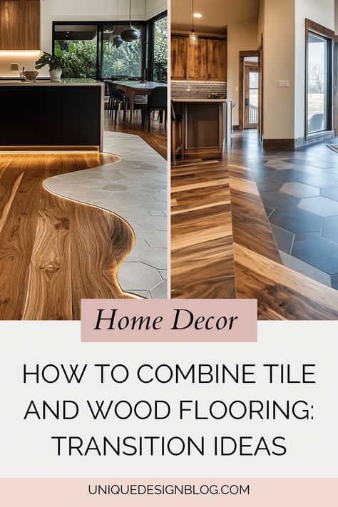 How to combine tile and wood flooring: Transition ideas Wood And Tile Mixed Flooring, Tiles With Wood Floor, Dual Flooring Ideas, Tile To Vinyl Plank Transition, Tile To Wood Transition Kitchen, Tile And Wood Floors Combo, Wood Flooring Transition, Entry Flooring Ideas, Interior Flooring Ideas