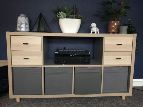 Kallax Tv Unit Hack, Kallax Corner, Kallax Tv Unit, Kallax Living Room, Kallax Boxes, Kallax Inspiration, Kallax Makeover, Ikea Kallax Boxes, Ikea Tv Console