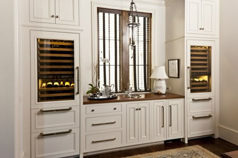 Gorgeous butler's pantry! Wood Bar Cabinet, Butler's Pantry, Wood Countertops, Transitional Kitchen, Wood Bar, Shipping Boxes, Wine Racks, Wine Room, Wine Fridge