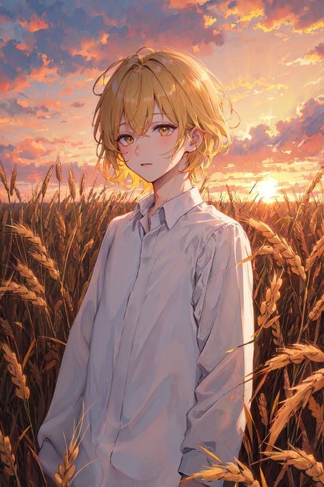 Young boy, golden eyes, blonde, wheat field, sunset Wheat Field Sunset, Blonde Hair Anime Boy, Blonde Anime Boy, Blonde Kids, Wheat Field, Blonde Boys, Anime Child, Anime Baby, Realistic Art