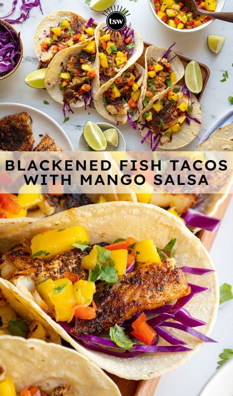 Mango Salsa For Fish, Halibut Fish Tacos, Fish Tacos With Mango Salsa, Mango Fish, Wife Recipes, Fish Tacos Tilapia, Fish Tacos With Cabbage, Healthy Fish Tacos, Tacos With Mango Salsa