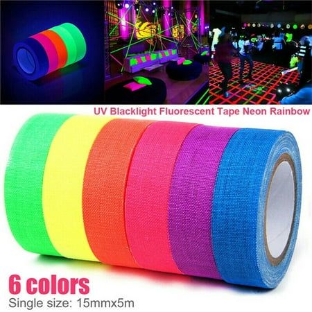 6 Rolls UV Blacklight Fluorescent Tape Neon Rainbow Gaffer Spike Sticky Cloth Features: Under ultraviolet black light, all colors shine brilliantly, It can be used to enhance party decoration. It can also decorate walls, floors, windows, dance floors, furniture, billiard tables, cakes and pictures. It can also be pasted on clothes, marking objects,and it can also be used as luminous material, dark tape for stage performance. Does not leave any mess, can stick to any dry surface, including tile, Hardware Tape, Gaffer Tape, Dance Floors, Gift Wrap Ribbon, Cloth Tape, Rainbow Decorations, Neon Rainbow, Glow Party, Neon Party