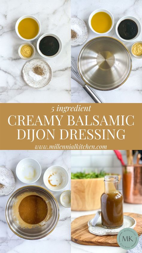 A creamy and tangy combination of olive oil, balsamic vinegar, and dijon mustard. Creamy Balsamic Dressing is great on salads, vegetables, chicken, fish, and more! Dijon Sauce For Vegetables, Balsamic Mustard Dressing, Dijon Balsamic Vinaigrette, Vinegrette Salad Dressing, Mustard Sauce For Chicken, Dijon Vinaigrette Dressing, Millennial Kitchen, Olive Oil Salad Dressing, Balsamic Vinegarette