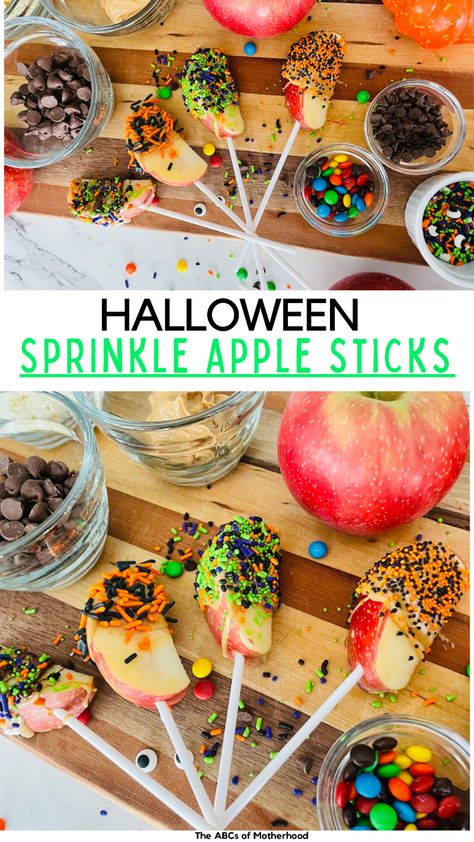 Inside: These Halloween Apple Sticks make the perfect treat this fall! Have fun decorating apple slices in spooky Halloween sprinkles for your kids to enjoy. #halloween #halloweentreatsforkids #halloweendesserts #fall #falldesserts #apple #appledessertrecipes Fun Kids Desserts, Apple Sticks, Halloween Dip, Halloween Candy Apples, Halloween Apples, Chocolate Apples, Halloween Sprinkles, Halloween Treats For Kids, Kid Desserts