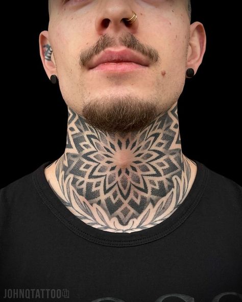 Mandala Throat Tattoo, Color Tattoo For Men, Geometric Neck Tattoo, Mandala Neck Tattoo, Mens Neck Tattoos, Geometric Throat Tattoo, Mandala Tattoo Neck, Geometric Tattoo Neck, Swedish Tattoo