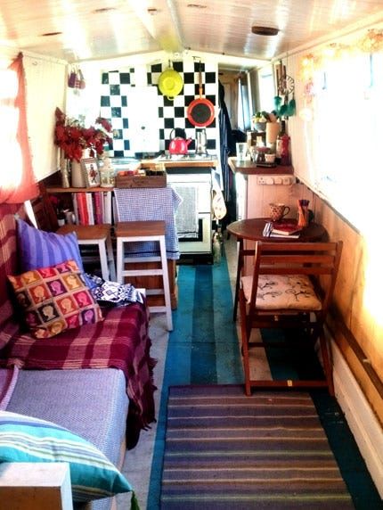 Houseboat Interiors, Barge Interior, Canal Boat Interior, Narrowboat Interiors, Canal Barge, Boat House Interior, Houseboat Living, Narrow Boats, Narrow Boat