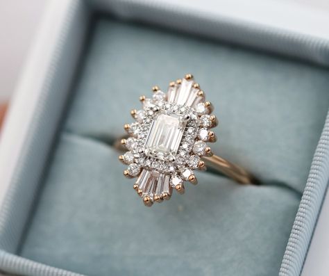 Gatsby Ring, Baguette Wedding Rings, Heidi Gibson, Emerald Cut Engagement Ring Halo, Emerald Cut Halo, Moissanite Engagement Ring Halo, Future Engagement Rings, Diamond Anniversary Rings, Diamond Anniversary