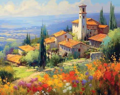 Italian Landscape Paintings, Peaceful Summer, Tuscan Art, Landscape Clipart, Tuscany Landscape, Italy Landscape, Digital Painting Techniques, Summer Scenes, Italian Village