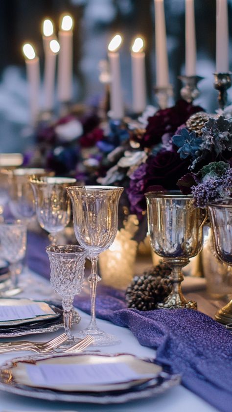 Winter wedding ideas with a purple theme, flowers, and elegant decor. Royal Purple And White Wedding, Winter Wedding With Purple, Dark Purple And Burgundy Wedding, Dark Purple Wedding Theme Color Schemes, Plum Winter Wedding, Purple Winter Wedding Ideas, Deep Purple Wedding Theme, Royal Purple Wedding Theme, Wedding Theme Aesthetic