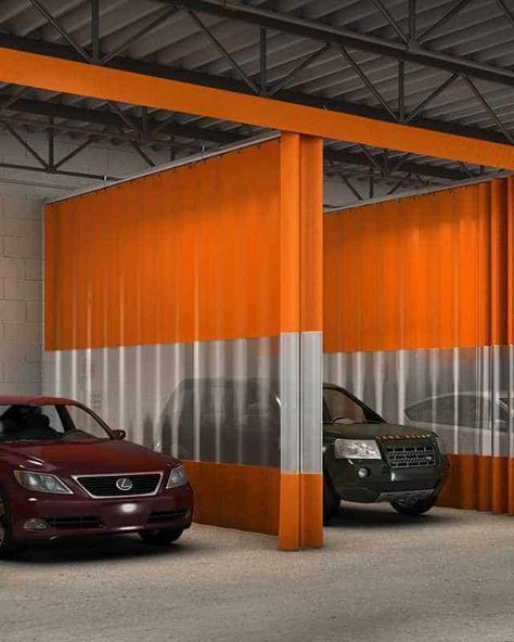 Auto Curtains & Auto Body Shop Curtain Walls (Fire Rated NESHAP) Shop Curtains, Industrial Curtains, Curtain Divider, Curtain Walls, Curtain Installation, Wall Fires, Movable Walls, Curtains Ideas, Auto Body Shop