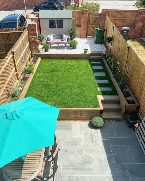 Garden Transformation 🌿 Photo of our finished new build garden! 😁 We’re so pleased with what we’ve achieved on our limited budget and… New Build Garden Ideas, Small Garden Plans, Small Back Gardens, Garden Ideas Uk, Garden Concept, Backyard Gardens, Small Garden Landscape, Backyard Layout, Gardens Ideas