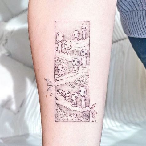 Kodama Tree Spirit Tattoo, Miyazaki Tattoos, Maggie Tattoo, Tree Spirit Tattoo, Ghibli Tattoo Ideas, Kodama Tree Spirit, Princess Mononoke Kodama, Kodama Tattoo, Miyazaki Tattoo