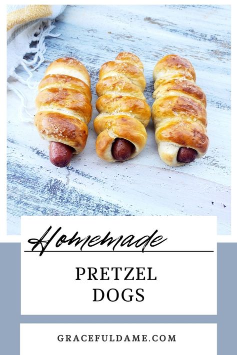 Fresh, buttery, salty, warm, and just begging to be devoured. These soft pretzel dogs are the deliciously fun alternative to classic, soft pretzels. Freezer friendly, kid friendly, and perfect for school lunches... or yummy snack or light faire to serve to guests! Pretzel Dogs Recipe, Football Season Food, Pretzel Dogs, Camping Food Make Ahead, Toddler Lunch Recipes, Easy To Cook Meals, Kids Lunch Recipes, Homemade Soft Pretzels, Soft Pretzel