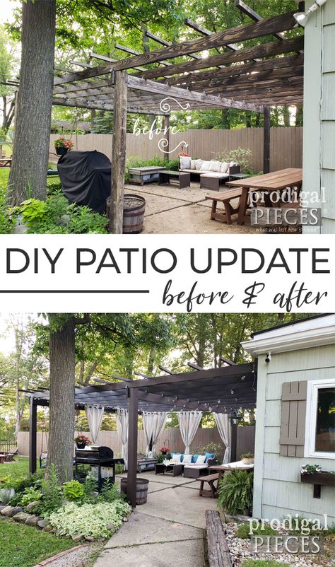 What a difference! This DIY Patio & Pergola Update Refreshes and Dresses up this backyard retreat | Details at Prodigal Pieces | prodigalpieces.com #prodigalpieces #diy #home #homedecor #patio #pergola #backyard How To Make Your Patio Private, Pergola Paint Color Ideas, Pergola Furniture Ideas, Diy Patio Pergola, Backyard Diy Patio, Pergola Makeover, Painted Pergola, Pergola Furniture, Colorful Patio Decorating Ideas