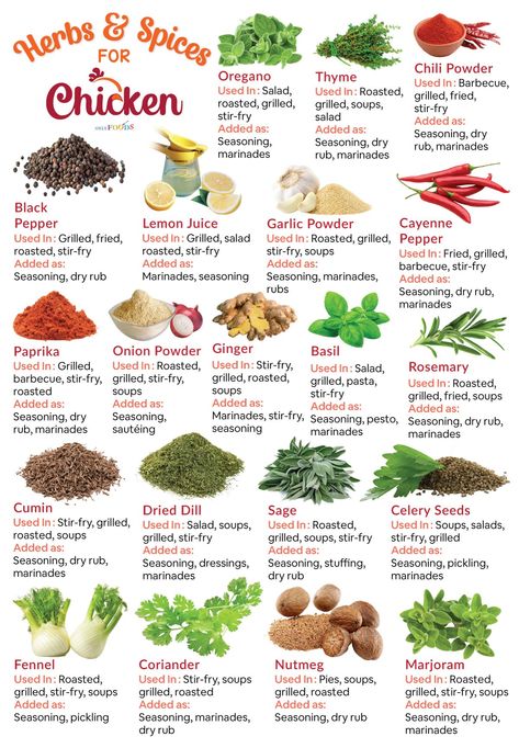 What are the herbs & spices best to use for chicken - list of names of good species for seasoning, & marinating with uses & substitutes Spices List For Kitchen, Spices For Chicken, Seasoning Chicken, Herbs List, List Of Spices, List Of Names, Natural Antibiotic, Spice Blends Recipes, Homemade Cookbook