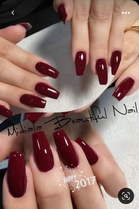 Nail Ideas Wine Color, Glossy Red Acrylic Nails, Classic Red Acrylic Nails, Deep Red Coffin Acrylic Nails, Dark Red Glossy Nails, Rich Red Nails, Dark Red Wedding Nails, Burgundy Ballerina Nails, Deep Red Nails Coffin