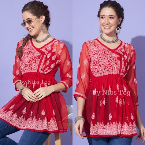 Red Chikankari Kurta With Jeans, Short Kurti Top, Chikankari Short Kurti, Chikankari Outfits, Kurti With Jeans, Red Kurti, Kurti Top, Kurta Top, Top With Jeans