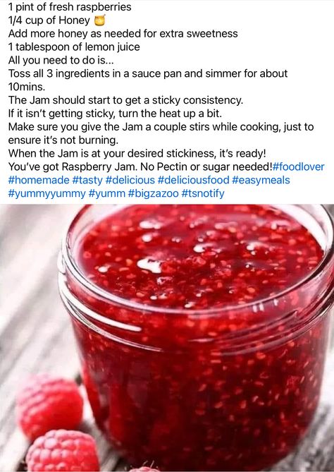 Easy 3 Ingredient Raspberry Jam (fruit, honey, lemon juice) Sugar Free Raspberry Jam, Easy Strawberry Jam, Homemade Raspberry Jam, Raspberry Jam Recipe, Canning Kitchen, Home Canning Recipes, Canning Jam, Fresh Fruit Recipes, Berry Jam