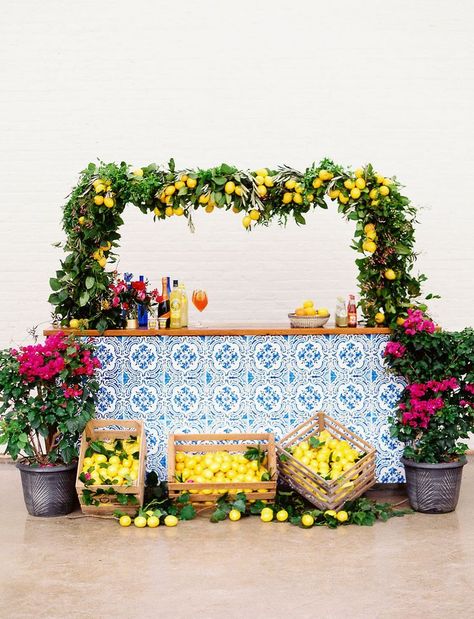 Colorful Southern Italian Wedding with DIY tile bar sticky tiles and limencello lemon floral greenery backdrop Decor Photobooth, Sticky Tile, Italian Party, Italian Theme, Mediterranean Wedding, Bridal Editorial, Boda Mexicana, Diy Tile, Bacardi