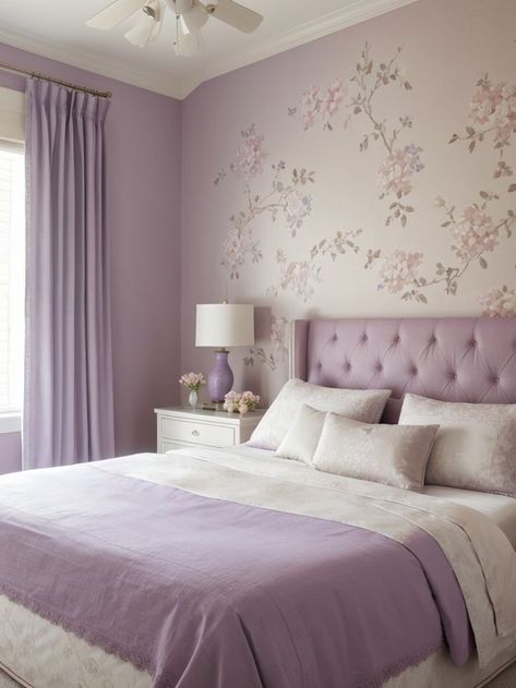 Lavender Accent Wall, Room Color Ideas Bedroom, Table Decorations Ideas, Bedroom Color Combination, Tufted Upholstered Headboard, Designing Ideas, Purple Rooms, Bedroom Wall Paint, Soft Lavender