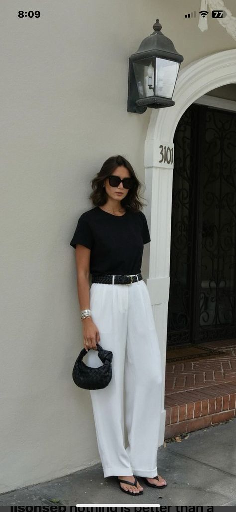 White Trousers Outfit Summer, Black Flip Flops Outfit, Wide Leg White Pants Outfit, Trousers Outfit Summer, White Wide Leg Pants Outfit, White Pants Outfit Summer, White Pants Outfit, European Outfit, European Summer Outfits