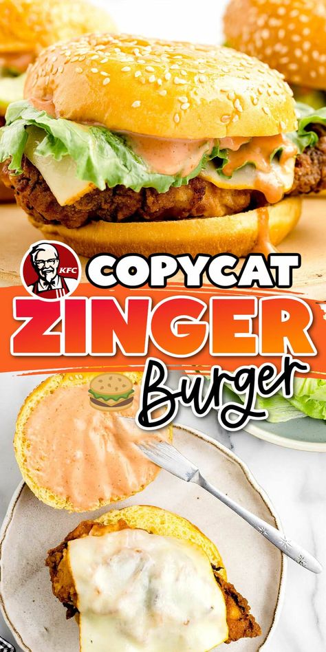 Our Copycat KFC Zinger Burger recipe makes it easy to recreate the famous fast food crispy fried chicken sandwich at home. A crispy chicken sandwich with a creamy spicy burger sauce with a "zing"! All topped with cheese and lettuce, and served inside soft sesame seed buns. Chicken Burger Sauce, Spicy Burger Sauce, Crispy Fried Chicken Sandwich, Kfc Zinger Burger, Zingers Recipe, Zinger Burger Recipe, Kfc Zinger, Zinger Burger, Copycat Kfc