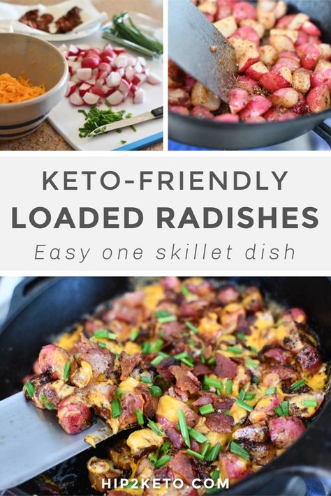 If you miss eating high-carb potatoes, you've gotta try pan frying some radishes! It's an easy idea I've been obsessed with ever since I made breakfast radishes to put in these yummy bacon and egg burritos. #keto #recipes Loaded Radishes, Egg Burritos, Keto Veggies, Radish Recipes, Keto Sides, Pan Frying, Medicine Tips, Keto Side, Keto Soup