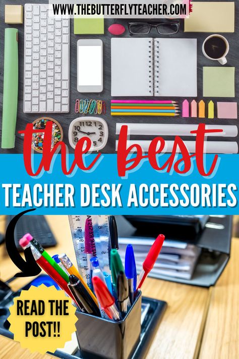 Tidy up your teacher desk with flair! Dive into our blog post for chic and practical teacher desk organization accessories and ideas. Whether it's your classroom desk or home work area, these tips will transform your space into an organized haven. Perfect for teachers seeking a stylish yet functional workspace upgrade! Teacher Desk Drawer Organization, Middle School Teacher Desk Setup, Organize Teacher Desk, Teacher Desk Area Ideas, High School Teacher Desk Organization, Teacher Desk Area Organization, Teacher Desk Organization Ideas, Classroom Or Desk Organization Ideas, Teachers Desk Ideas