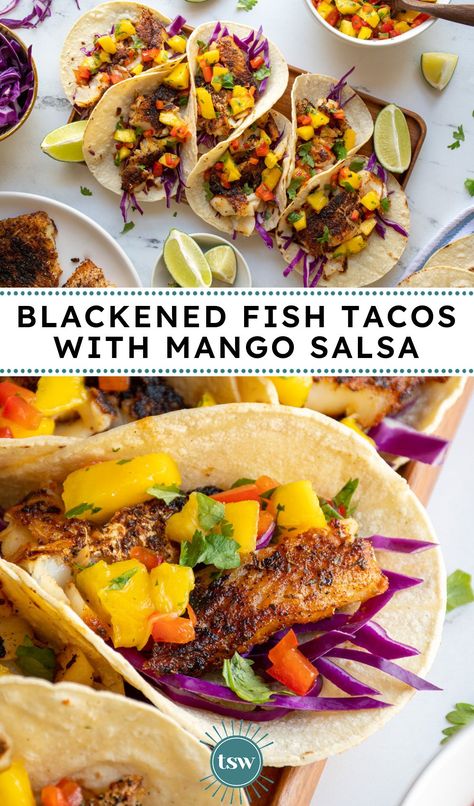 Blackened Fish Tacos with Mango Salsa - The Schmidty Wife Mango Salsa For Fish, Halibut Fish Tacos, Fish Tacos With Mango Salsa, Mango Fish, Wife Recipes, Fish Tacos Tilapia, Fish Tacos With Cabbage, Healthy Fish Tacos, Tacos With Mango Salsa