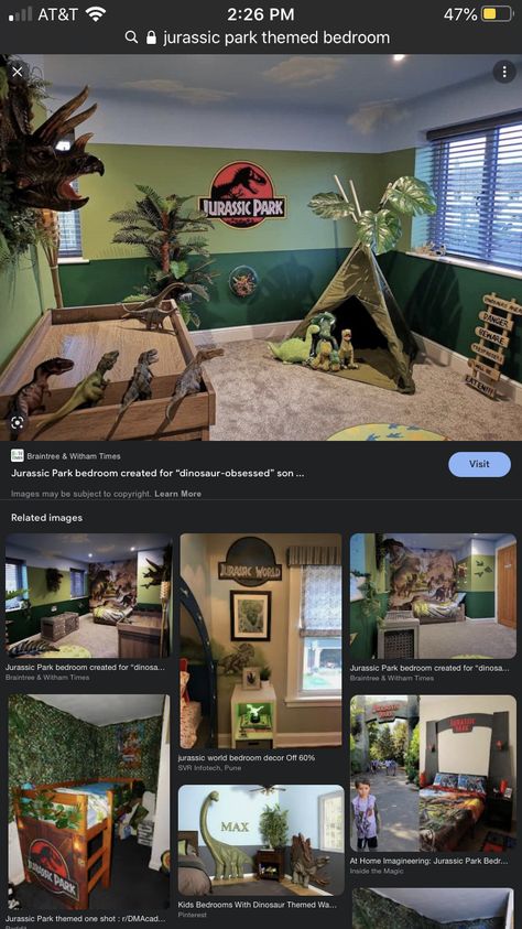 Jurassic Room Ideas, Jurassic Park Baby Room, Dinosaur Room Inspiration, Dinosaurs Room Ideas Bedrooms, Jurassic World Room Decor, Jurassic World Room Ideas, Dinosaur Display Boy Rooms, Jurassic Park Themed Bedroom, Jurassic Park Room Ideas